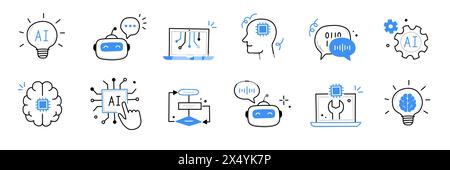 Artificial ai brain icon. Ai machine digital robot hand drawn doodle line icon. Artificial brain algorithm machine science concept. Hand drawn sketch style cute blue line. Vector illustration Stock Vector
