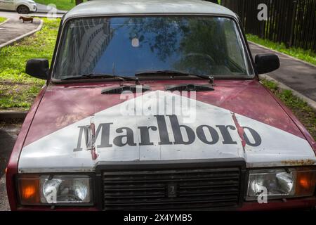 A Soviet AVTOVAZ car is parked in a residential area of Moscow, Russia Stock Photo