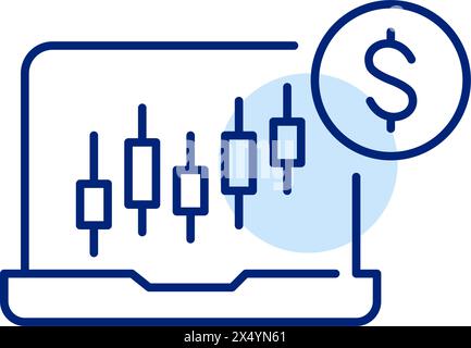 Laptop with candlestick bars graph and dollar sign. Stock trading analysis and portfolio management. Pixel perfect icon Stock Vector
