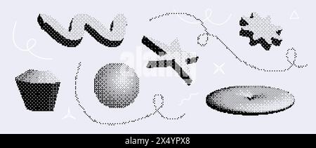 Bitmap pixelated shape set. Dither halftone geometric object collection. Black sphere, disk, star, sparkle, wave elements for banner, poster, leaflet. Pixel 3d raster effect bundle. Vector pack Stock Vector