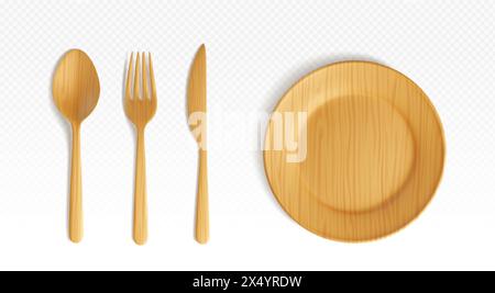 3d wood cutlery plate and spoon top view vector illustration. Empty bamboo tableware for food isolated. Disposable kitchenware bowl for pizza on dinner meal or picnic. Realistic eco friendly dish Stock Vector