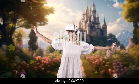 Smiling woman looking by VR surround wonderful fairytale in maple falling at castle meta magical world like mystery magic greenery fantasy town Stock Photo