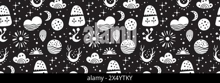 Seamless neo folk art vector pattern with mountains, moon and flowers, black and white floral design. Neo folk style endless background perfect for Stock Vector
