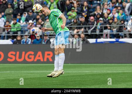 Seattle, Washington, USA. 5th May, 2024. Seattle Sounders player JORDAN ORRIS #13 take a header of a player pass, in the 1st half of the game Seattle Sounders vs LA Galaxy, where the game ended in a draw 0-0 on 5-5-24. (Credit Image: © Melissa Levin/ZUMA Press Wire) EDITORIAL USAGE ONLY! Not for Commercial USAGE! Credit: ZUMA Press, Inc./Alamy Live News Stock Photo