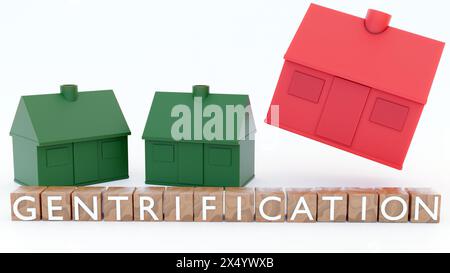 3d rendering of a wooden block spelling out the word “Gentrification” in capital letters with green and red toy houses Stock Photo