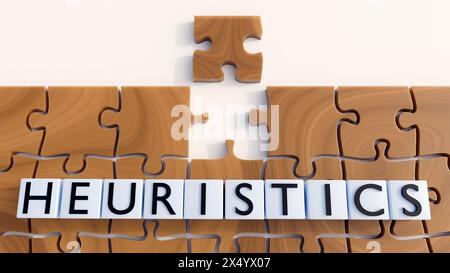 3d rendering of Heuristics and jigsaw pieces, Heuristics are simple strategies to quickly form judgments, make decisions, and find solutions Stock Photo