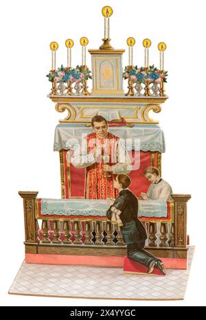 religion, Christianity, first communion, parish priest giving the child the first holy communion, ADDITIONAL-RIGHTS-CLEARANCE-INFO-NOT-AVAILABLE Stock Photo