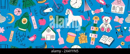 Colorful seamless pattern with kindergarten doodles. Horse, hopscotch, toys, rocket, umbrella, house, book and other elements Stock Vector