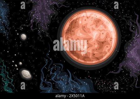 Vector Fantasy Space Chart, horizontal astronomical poster with transneptunian dwarf planet Sedna with brown surface in deep space, cartoon design fut Stock Vector