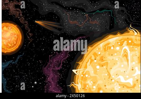 Vector Fantasy Space Card, horizontal astronomical poster with cartoon design pale orangish binary star system and flying comet in deep space, decorat Stock Vector