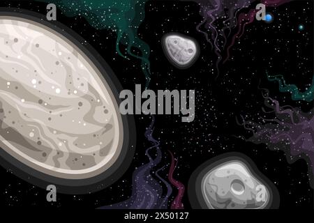 Vector Fantasy Space Chart, astronomical card with illustration of dwarf planet Haumea with moons Hi'iaka and Namaka in deep space, decorative futuris Stock Vector