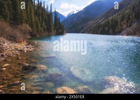 Transparent water of a mountain lake in the Forest. Kolsai lakes in Kazakhstan Stock Photo