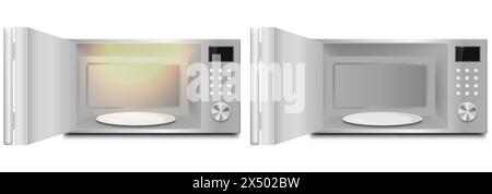 Modern microwave oven with open and closed door and lit lamp inside. Kitchen electric appliance for cooking food. Vector illustration. Eps 10. Stock Vector