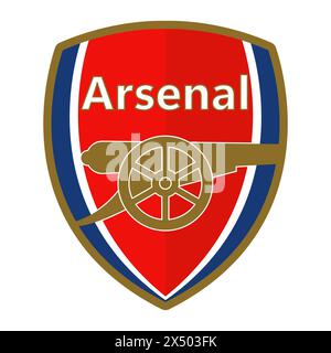 Arsenal FC emblem on classic red background. Historic football club, English Premier League, iconic cannon symbol. Editorial Stock Vector