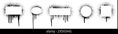 Spray paint frames with splatters and drips. Grunge stencils. Graffiti street art. Airbrush texture banners. Abstract vector black white illustration Stock Vector