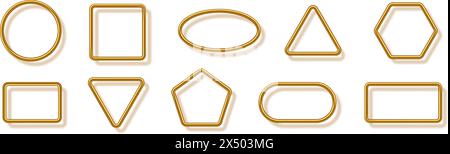 Gold tube 3d frames set for picture with shadow on white background. Realistic template vector illustration. Simple golden square, circle, triangle Stock Vector