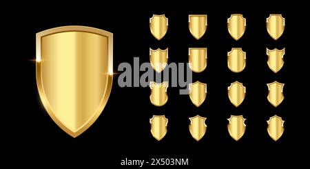 Gold metal shields with reflection in shiny frames set. Military emblem isolated on black background. Vector illustration of medieval ammunition, war Stock Vector