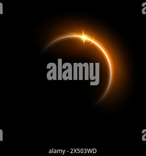 Yellow solar eclipse flare vector Illustration. Gold glowing sunlight circle with shining star. Energy semicircle bright curve with glare on edge Stock Vector