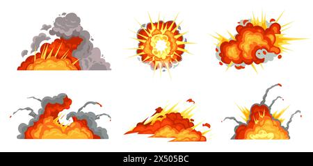 Cartoon explosions. Exploding bomb, fire cloud and explosion burst Stock Vector