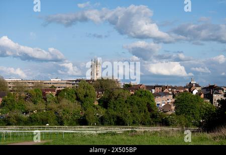 Warwick town centre seen from the racecourse, Warwickshire, England, UK Stock Photo