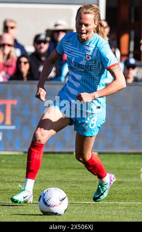 May 05, 2024 San Jose, CA USA Chicago Red Stars defender Maximiliane Rall (28)kicks the ball up field during the NWSL game between the Chicago Red Star and the Bay FC. Chicago beat Bay FC 2-1 at Pay Pal Park San Jose Calif. Thurman James/CSM Stock Photo