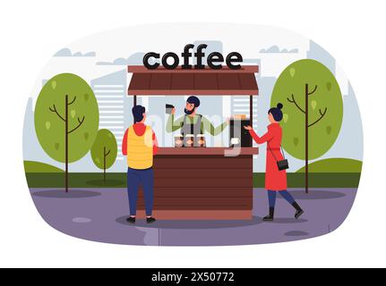 Street vendors, coffee shop and customers in park Stock Vector