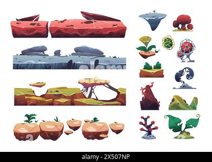 Game level ground elements. Cartoon platformer game tileset, fantasy video game asset with stones, tree stump, grass, and rocks. Vector isolated set Stock Vector