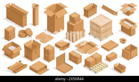 Isometric open boxes. Closed and open cardboard carton crates, square and rectangular packaging containers. Vector isolated set Stock Vector