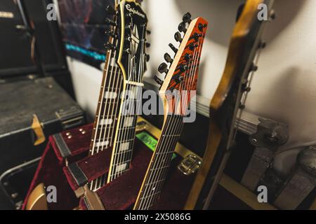 electric guitars ready to be played in a music studio. Musical Instrument. Concept: Creativity, be able to create. High quality photo Stock Photo