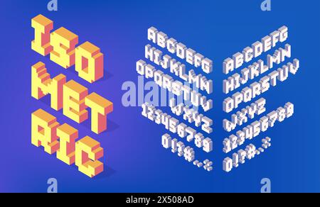 Isometric alphabet. 3D perspective letters numbers and symbols, modern geometric typeface, decorative typography collection. Vector isolated set Stock Vector