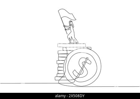 Single continuous line drawing of Arabian businessman standing on stack of coins raising flag. Successful remote freelance work. Get a lot of money. C Stock Vector