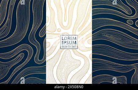 Vector set of gold on black luxury wine design package, abstract line box template, topography map ornament. Ribbons wavy cards, cosmetic, chocolate Stock Vector