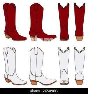 Set of color illustrations with cowboy boots. Isolated vector objects on white background. Stock Vector