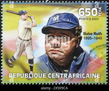 Intense portrait of Babe Ruth on african stamp Stock Photo