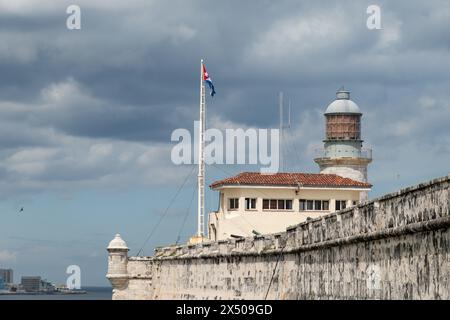 Lighthouse of Morro Castle (Castillo de los Tres Reyes Del Morro), Havana in Cuba with Cuban flag Stock Photo