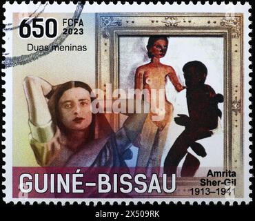 'Two girls' by Amrita Sher-Gil on postage stamp Stock Photo