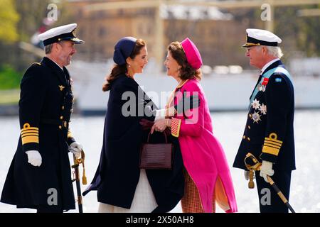 Stockholm, Swden. 06th May, 2024.Stockholm, Sweden. 06th May, 2024. King Frederick X and Queen Mary arrive by sailing with the Order of Vasa, accompanied by the Swedish Crown Princess Victoria and Prince Daniel to Skeppsbron in Stockholm, Monday, May 6, 2024. Upon arrival, the royal couple is received by King Carl XVI Gustaf and Queen Silvia. Monday and Tuesday, the Danish royal couple make their first state visit to Sweden. Credit: Ritzau/Alamy Live News Stock Photo