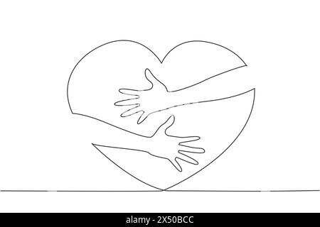 Single one line drawing of hands hugging big red heart. Hands holding heart. Symbol of charity. Generosity illustration. Care for others. Sharing conc Stock Vector