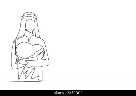 Continuous one line drawing of young happy Arabian man with casual shirt hugging a red heart logo in his chest. Illustration of peace of mind. Self lo Stock Vector