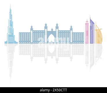 United Arab Emirates skyscrapers silhouette. Dubai buildings, hotels and symbol vector illustration. Dubai city skyline. Towers and landmarks cityscap Stock Vector