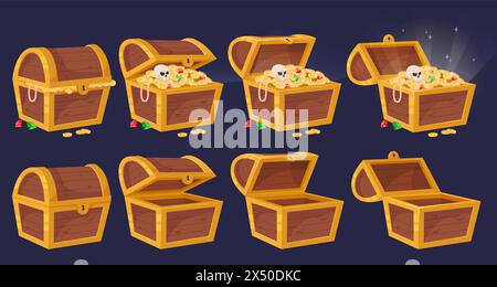 Cartoon wooden chest animation. Fabulous pirate treasure. Gold coins and jewel gems. Shiny precious stones. Closed or opened containers. Empty and ful Stock Vector