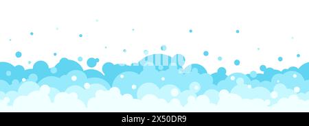 Cartoon soap foam border. Bath shampoo bubbles. Soapy frame. Blue flat balloons. Cleanser gel. Washing and bathroom hygiene. Laundry detergent balls. Stock Vector