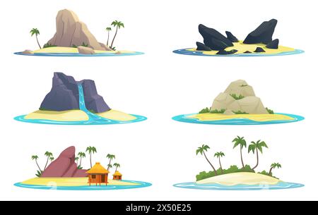 Cartoon tropical islands. Beautiful natural landscapes. Rocks or palm trees. Mountain waterfall. Sandy beach. Sea coast. Ocean water. Summer adventure Stock Vector