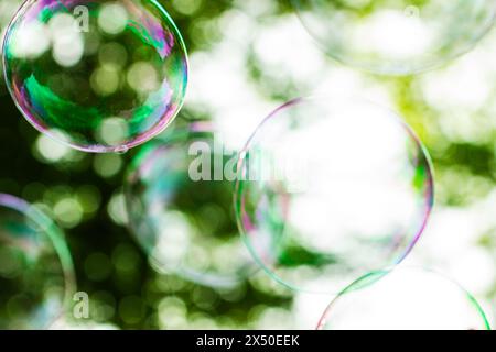 soap bubbles close-up on a background of sun and greenery, abstract background, positive mood, holiday, carelessness, happiness concept Stock Photo
