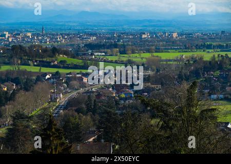 Aerial cityscape with distant view of Cittadella Bridge across Tanaro River, Alessandria, Piedmont, Italy Stock Photo