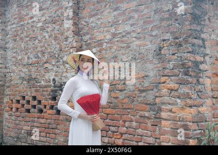 Portrait of a Vietnamese woman in a traditional Ao Dai standing in front of a brick wall, Hanoi, Vietnam Stock Photo