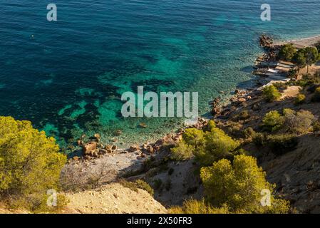 Aerial view of Cala Llentrisca cove, Es Cubells, Ibiza, Balearic Islands, Spain Stock Photo