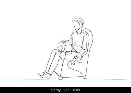 Single continuous line drawing of young man sitting on the couch hugging a cat on his lap. Young man stroking cute little cat to sleep. Friendly with Stock Vector