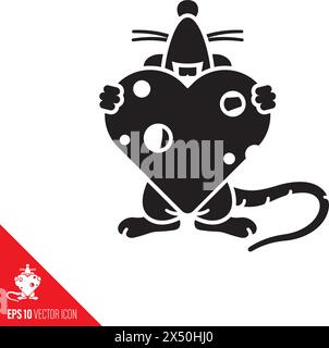 Happy cartoon mouse holding heart of cheese vector glyph icon for Swiss Cheese Day on January 2 Stock Vector