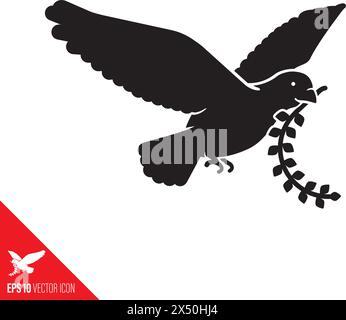 Dove carrying laurel or olive twig in beak vector glyph icon Stock Vector